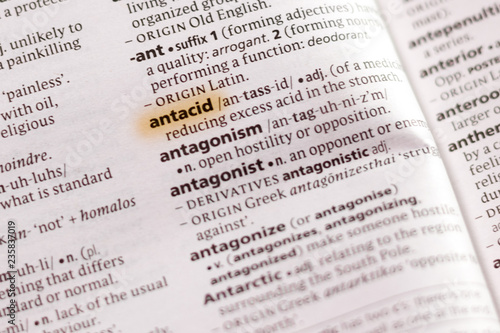 The word or phrase Antacid in a dictionary.