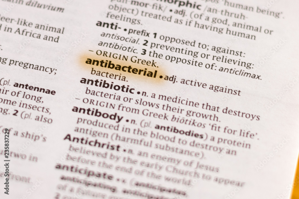 The word or phrase Antibacterial in a dictionary. The word or phrase Antibacterial in a dictionary.