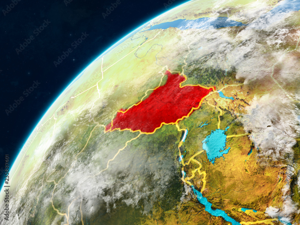 South Sudan on realistic model of planet Earth with country borders and very detailed planet surface and clouds.