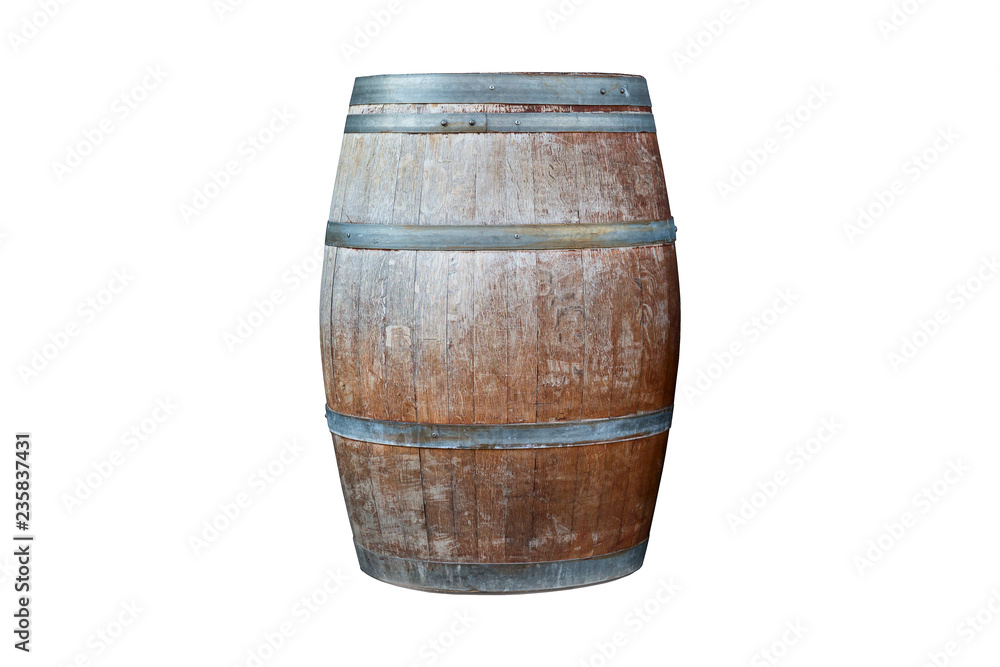 Old wooden oak barrel with iron rings isolated on white background. Beverage barrel Old wooden oak barrel with iron rings isolated on white background. Beverage barrel