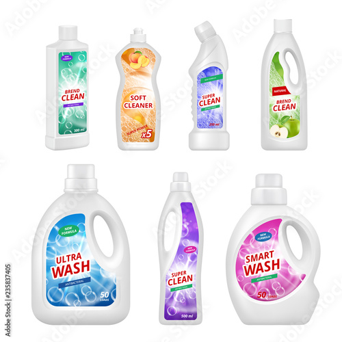 Labels for chemical bottles. Realistic illustrations of plastic bottles for various chemical liquids. Disinfectant and sanitary, chemical bottle product