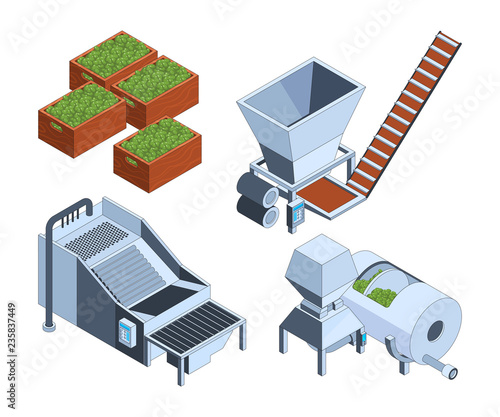 Olive production. Oil plants extraction technology farm tanks press fruits manufacturing bottle crushed food vector isometric. Illustration of olive plant industry, process manufacturing