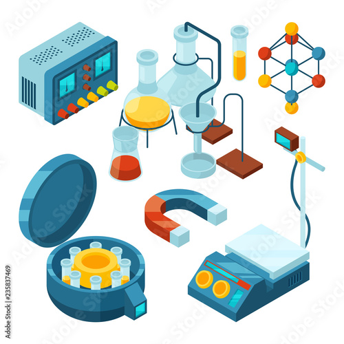 Science isometric. Chemical supporting laboratory testing biology attributes scientific glass tubes drugs microscope vector 3d pictures. Laboratory research experiment, chemical isometric illustration