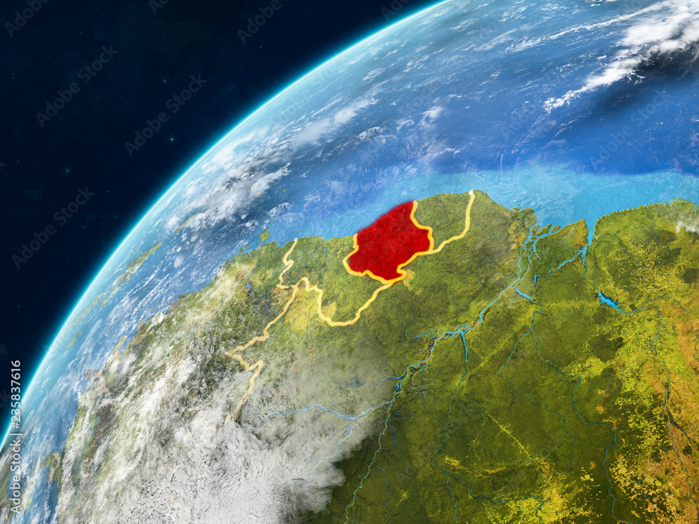 Suriname on realistic model of planet Earth with country borders and very detailed planet surface and clouds.