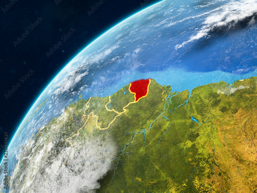 French Guiana on realistic model of planet Earth with country borders and very detailed planet surface and clouds.
