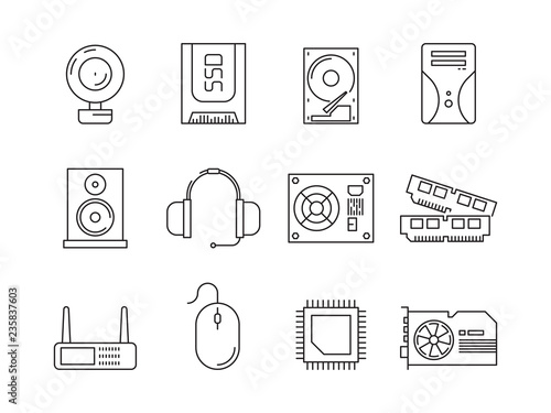 Hardware pc components. Symbols of computer items processor server ssd or hdd memory ram vector line icons. Illustration of hardware cpu, processor for computer, component and memory