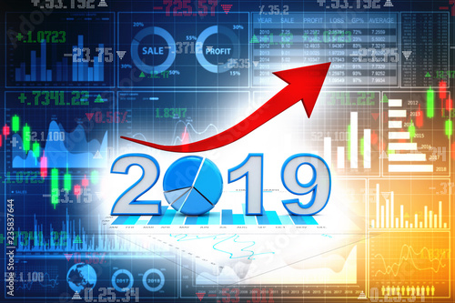 business graph with arrow up and 2019 symbol, represents growth in the new year 2019, three-dimensional rendering, 3D illustration