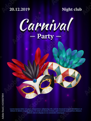 Carnival placard. Masquerade poster invitation with venetian party mask beauty realistic vector pictures. Illustration of masquerade carnival invitation, banner and placard show