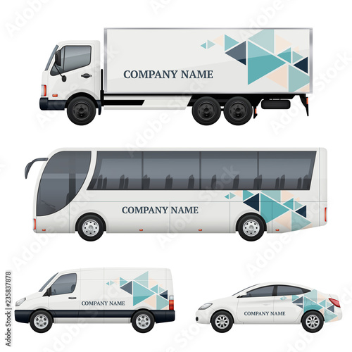Vehicle branding. Transportation advertizing bus truck van car realistic vector mockup. Illustration of bus and van truck, vehicle car transport