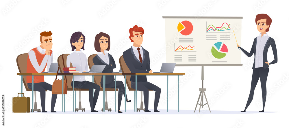 Business presentation characters. Group of managers sitting in classroom listening learning couch business seminar vector concept. Illustration of education lecture for people business
