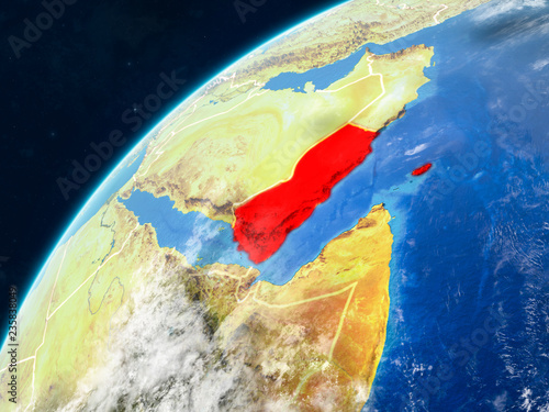 Yemen on realistic model of planet Earth with country borders and very detailed planet surface and clouds.