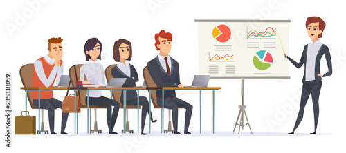 Business presentation characters. Group of managers sitting in classroom listening learning couch business seminar vector concept. Illustration of education lecture for people business