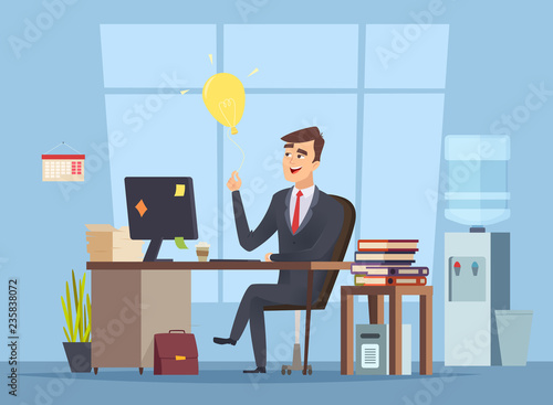 Business idea search. Office manager have smart mind light bulb startup concept of success happy work vector character cartoon style. Idea creative businessman solution and think illustration