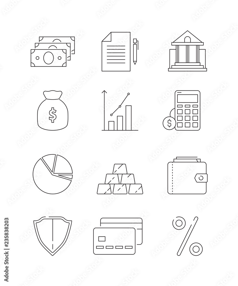 Finance icons. Business and bank economy payment money global finances law vector line thin symbols. Finance money line design, saving investment illustration Finance icons. Business and bank economy payment money global finances law vector line thin symbols. Finance money line design, saving investment illustration