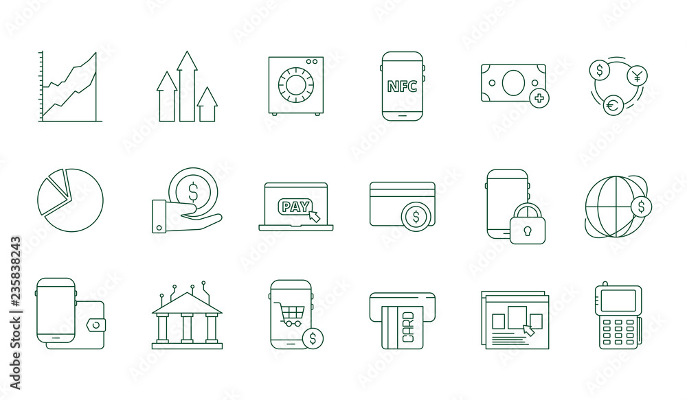 Online transaction icon. Internet banking safety money web transfer and payments finance vector line symbols set. Illustration of money payment and banking transaction