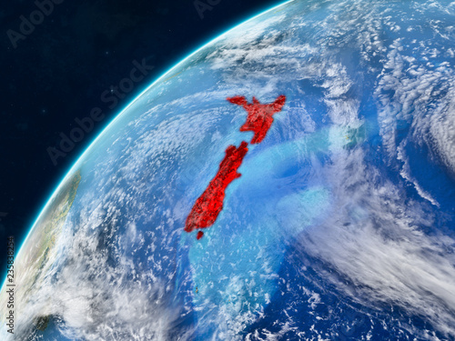 New Zealand on realistic model of planet Earth with country borders and very detailed planet surface and clouds.