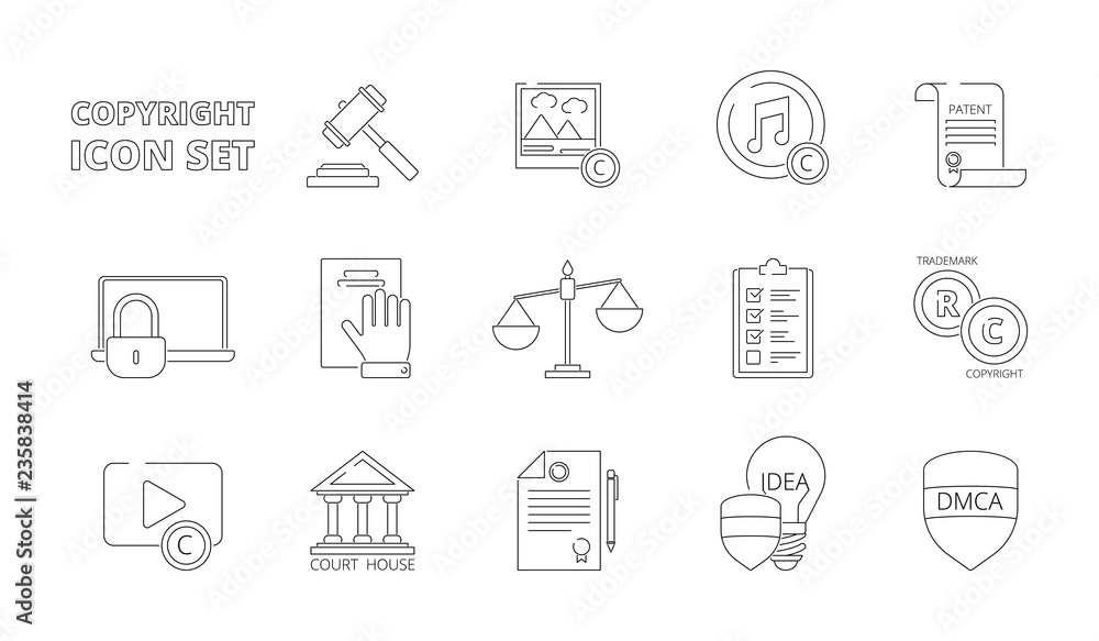 Intellectual property icons. Copyright legal policy regulations independence individuality rights patent ownership vector line icons. Intellectual copyright protection rights illustration