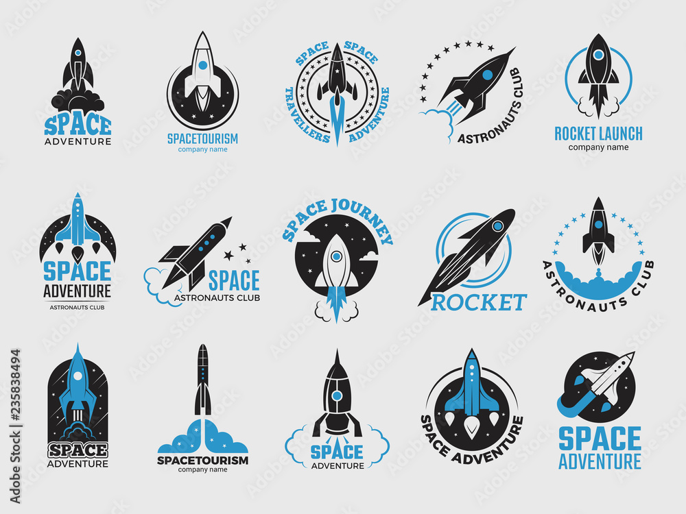 Rocket logo. Space satelite retro shuttle moon discovery logotypes ...