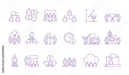 Coworking team group icon. Coordinate working business people management team building together helping vector outline pictures. Team group, leadership and partnership coworker illustration