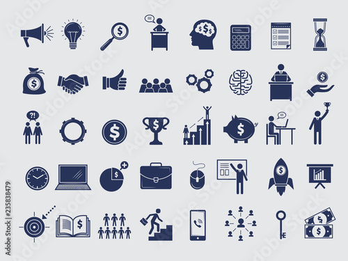 Business symbols collection. Diagram money managers at work bag handshake team arrows pc laptop vector icons isolated. Money and team, businessman people and goal illustration