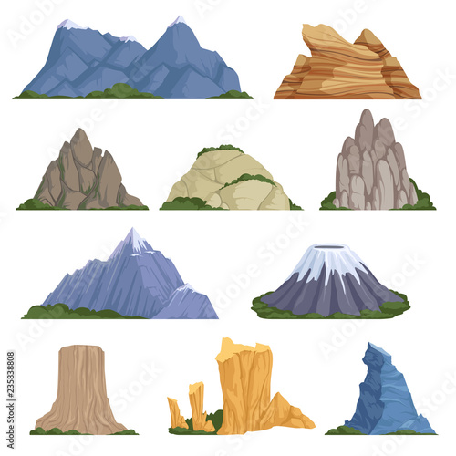 Rockies mountains. Volcano rock snow outdoor various types of relief for climbing and hiking vector cartoon illustrations. Volcano rock, mountain and hil, rocky peak