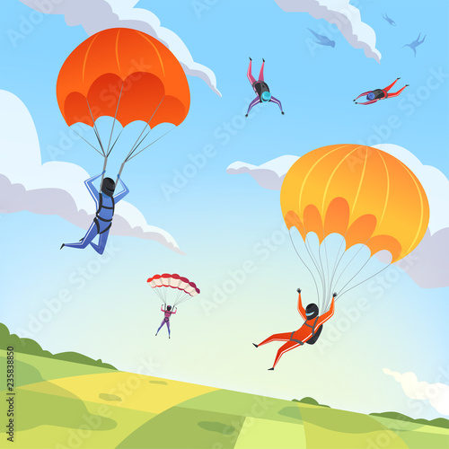 Parachute jumpers sky. Extreme sport hobbies adrenaline character flying action pose skydiving paraplanners vector cartoon background. Skydiving extreme, jumper parachuting illustration