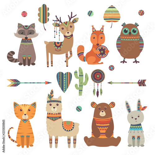 Naklejka Śliczne zwierzęta etniczne. Plemienne dziecko dzikie zoo niedźwiedź sowa szop tygrys z piór strzałki i wzory wektor znaków projektowych. Ilustracja etnicznych postaci królika i niedźwiedzia
