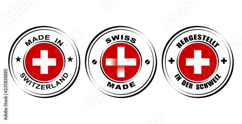 Round label Made in Switzerland with flag,  Swiss made with watch icon