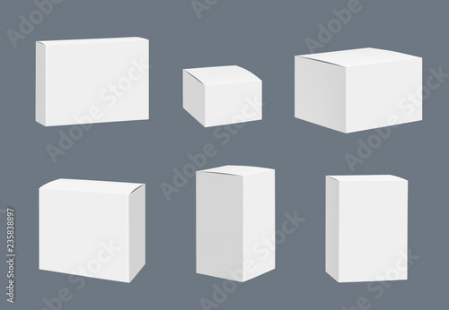 Blank packages mockup. Quadrate white closed boxes containers vector realistic template isolated. Illustration of box container, mockup package cardboard