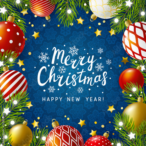 Christmas greeting card with holiday decor on blue