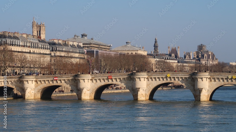 Fototapeta premium Paris, vue sur le Pont Neuf sur la Seine en crue (France)