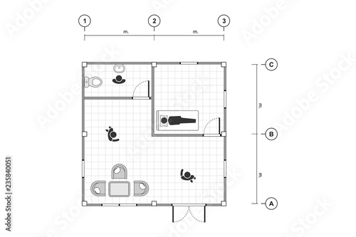 Top view, black and white outline drawing, home plan simple flat with line grid, vector illustration