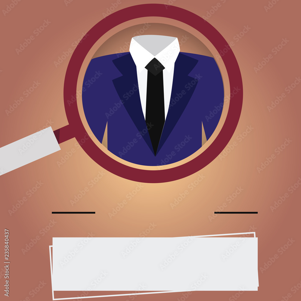 Design business Empty copy space text for Ad website promotion isolated Banner template. Magnifying Glass Vector Enlarging Inspecting a Tuxedo and Label Tag Below Design business Empty copy space text for Ad website promotion isolated Banner template. Magnifying Glass Vector Enlarging Inspecting a Tuxedo and Label Tag Below