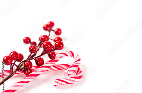 Two Christmas candy canes with a branch of decorative berries on white background isolated.