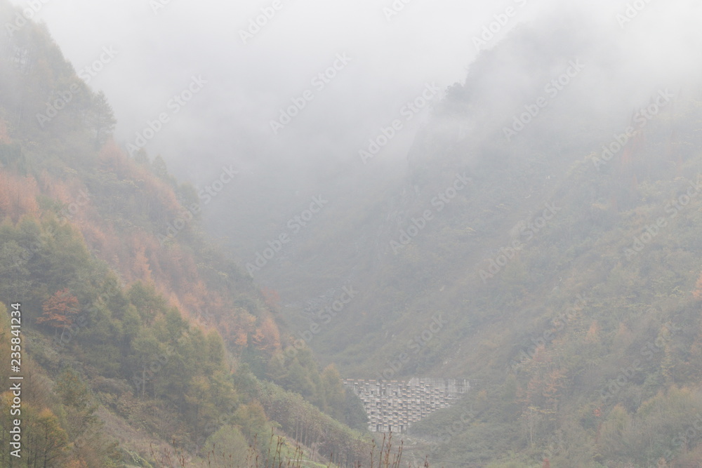 Scenery of the Mountainside when season change, Winter Time is Coming The leaves are Falling  and the mist covers most of the area, peaceful and tranquil , it is.