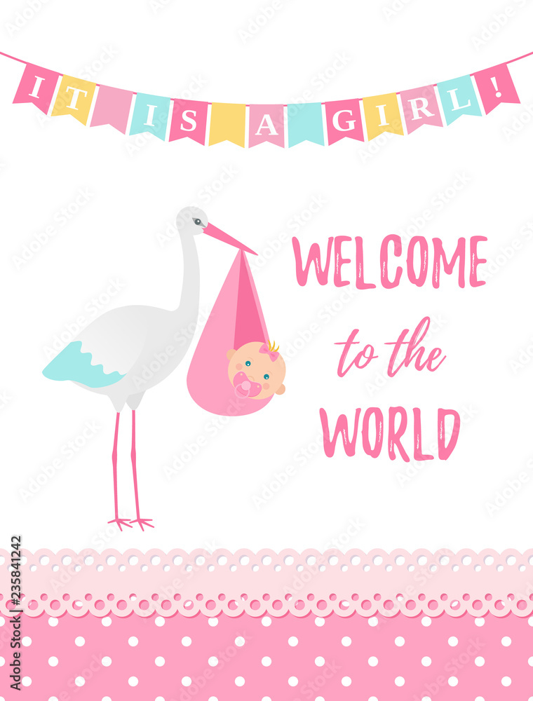 Baby Shower girl card. Vector. Baby girl design. Cute pink banner with ...