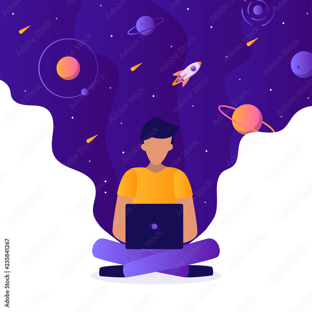 The programmer is working on a laptop. Coding, creation of new websites, software or applications. Web development concept. Flat vector illustration.