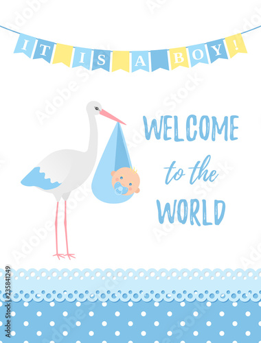 Baby Shower boy card. Vector. Baby boy design. Cute blue banner with newborn kid, stork, polka dot, flag. Birth party background. Happy greeting poster. Welcome template invite. Cartoon illustration.