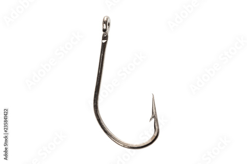 Metal fishing hook close up isolated on white background. Fishing accessory
