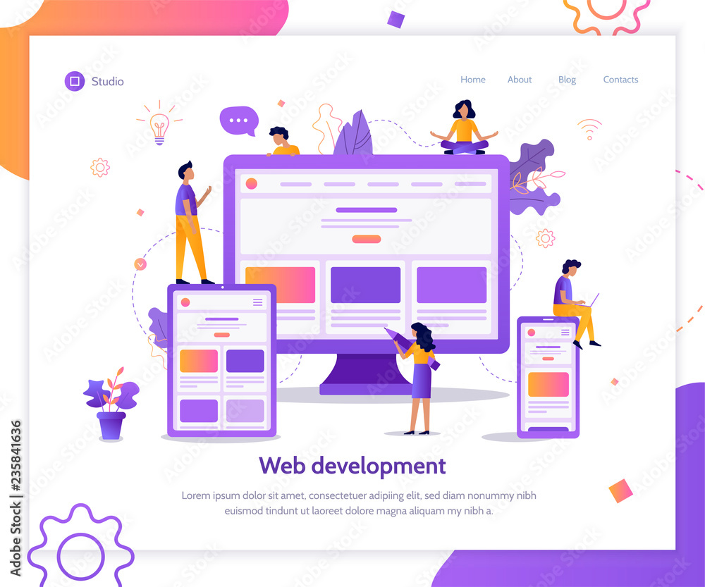 Developers are testing an adaptive website. Landing page template. Responsive design. Web development concept. Flat vector illustration. Developers are testing an adaptive website. Landing page template. Responsive design. Web development concept. Flat vector illustration.
