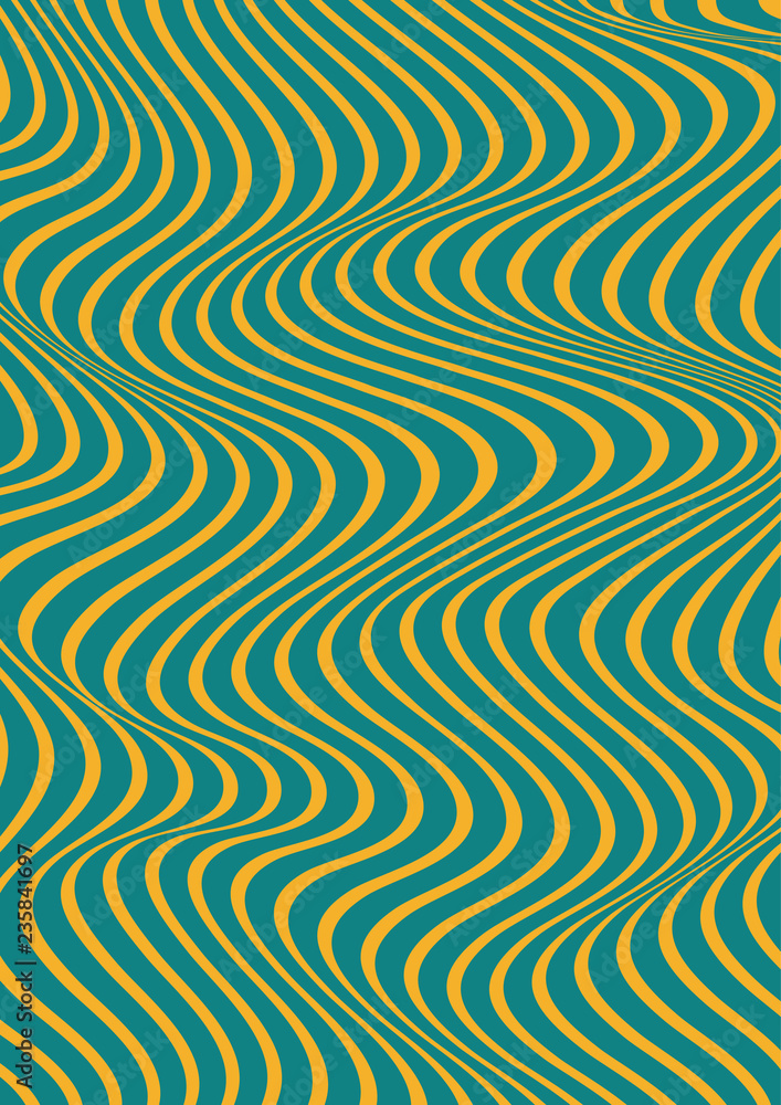 Abstract vertical wavy geometric pattern. Vector texture with yellow and blue waves, stripes. Dynamical 3D effect, illusion of movement. Modern background.
