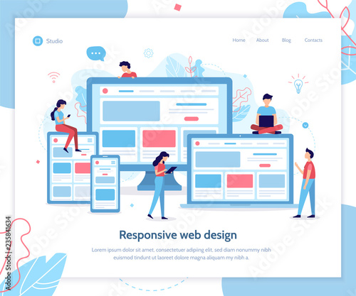 Development of web design for different devices. Landing page template. Responsive design. Flat vector illustration.
