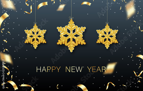 Happy New Year greeting card with golden shiny snowflakes and confetti.
