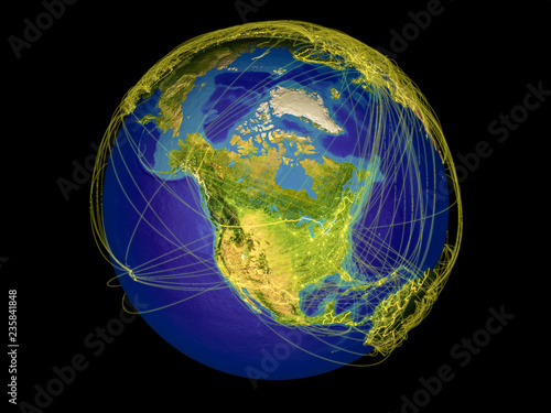North America from space on Earth with country borders and lines representing international communication, travel, connections.