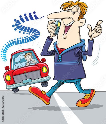 A man crossing the road while talking on the phone without noticing a car