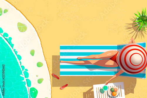 young woman bikini on sun lounger holding coconut cocktail summer vacation concept , flat style