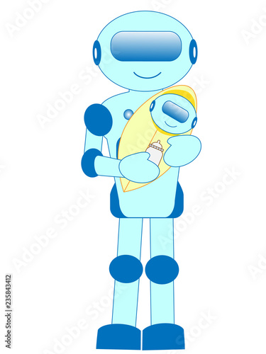 人工知能を持ったロボットが赤ちゃんの子守をしている。