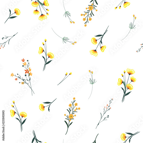  Trendy yellow wind blowing Floral pattern in the many kind of flowers. Wild botanical Motifs scattered Seamless vector texture. For fashion prints.