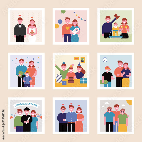 Family history of photo album concept. flat design style vector graphic illustration.