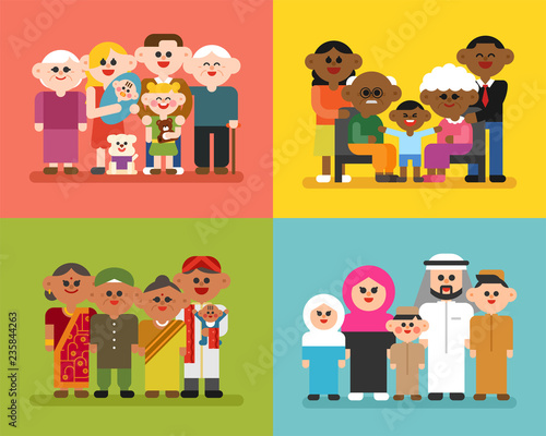 A set of members of various racial family members. flat design style vector graphic illustration.
